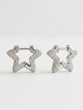 Platinum Plated Silver Tone Star Pavé Hoop Earrings | Celestial Dainty Jewelry